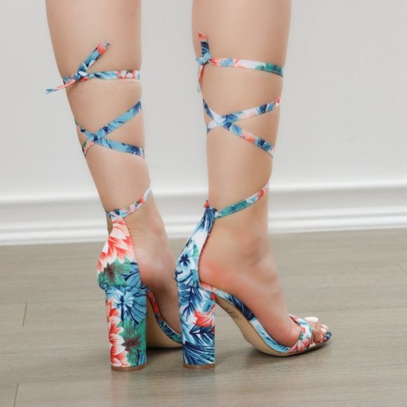 Blue Floral Laced-up Leg Tie, Ankle Strap Sandals - Picture 7 of 8